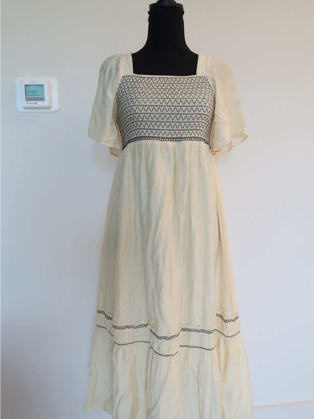 Cream Smocked Maxi Dress with Short Flutter Sleeves